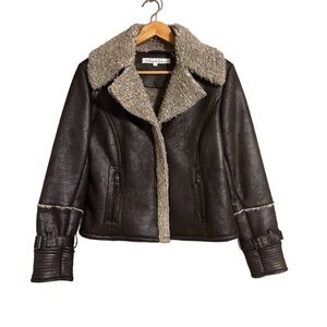 Women's Kenneth Cole NY Shearling Moto Jacket Brown/Tan Sherpa Lining Sz L